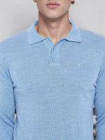 Model wearing a 98degreenorth Men’s Sky Blue Merino Wool Polo Sweater, shown from shoulders to chest.