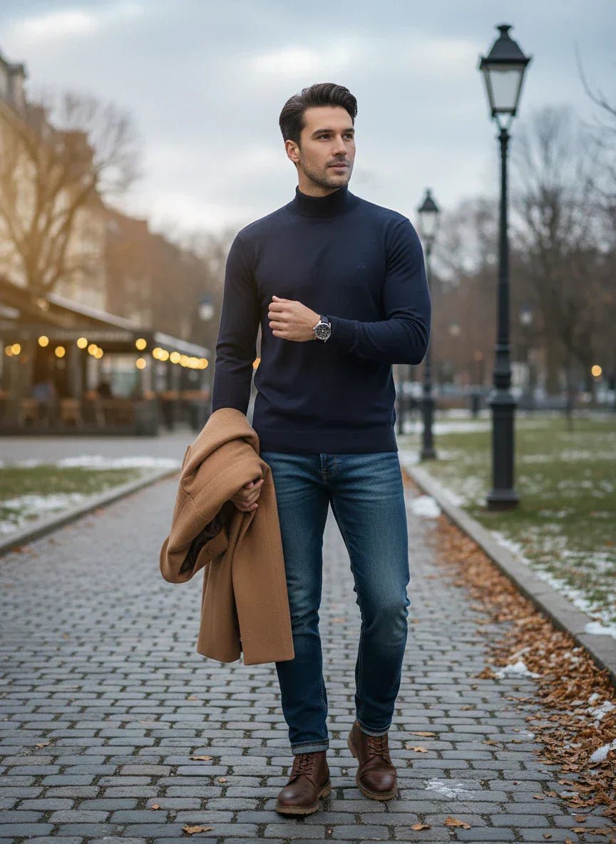 A man in a 98degreenorth teal blue merino wool turtle neck walks in jeans on a cobblestone path, holding a tan coat.