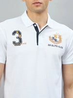 Man in 98degreenorth Men's White AR Elite Club No.3 Polo T-Shirt—sleek, modern style for the Indian wardrobe.