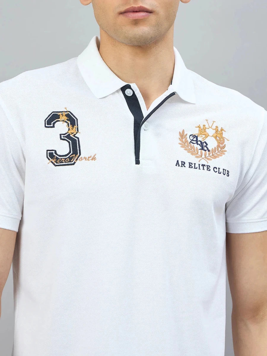 Man in 98degreenorth Men's White AR Elite Club No.3 Polo T-Shirt—sleek, modern style for the Indian wardrobe.