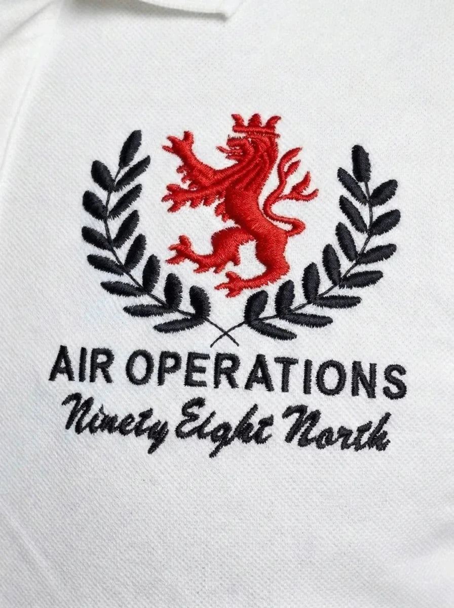 Men's White Embroidered Polo T-Shirt by 98degreenorth, crafted from premium cotton with lion crest embroidery.