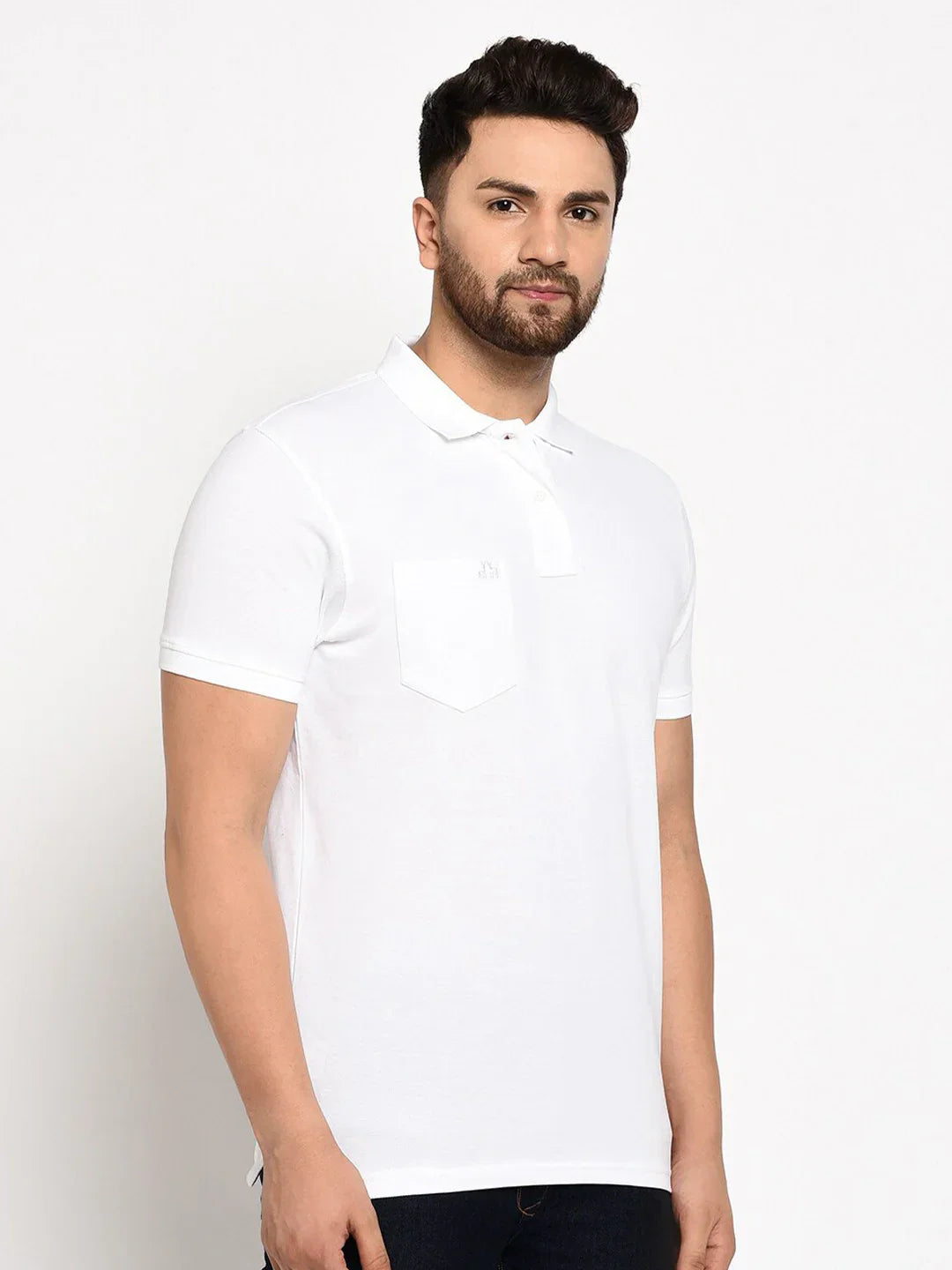 Man wearing 98degreenorth Men's White Polo T-Shirt in stretch cotton pique with chest pocket, on white background.