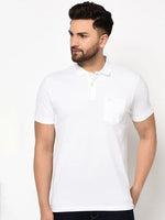 Man in 98degreenorth Men's White Polo—stretch cotton pique, chest pocket, essential wardrobe staple.