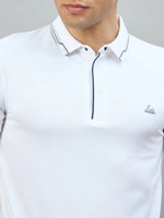 The Men's White Polo by 98degreenorth features navy tipping and an LA logo for a classic, preppy style.