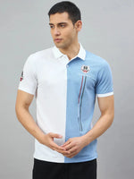 Man wearing 98degreenorth Men's White Sky Blue Colour Block Polo T-Shirt, standing against a plain gray background.