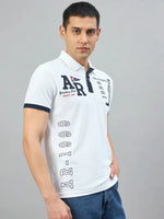 Man wears the Men's White Yachting Club Polo T-Shirt by 98degreenorth—ideal style for the yachting club.