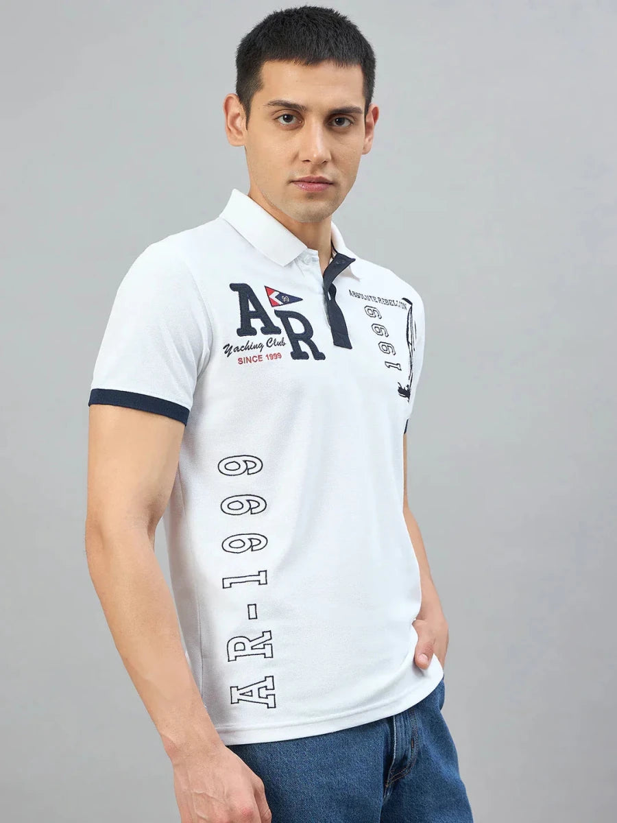 Man wears the Men's White Yachting Club Polo T-Shirt by 98degreenorth—ideal style for the yachting club.