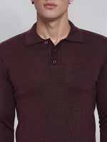 Man in 98degreenorth Men’s Wine Merino Wool Polo Neck Sweater, shown shoulders to mouth, on plain background.