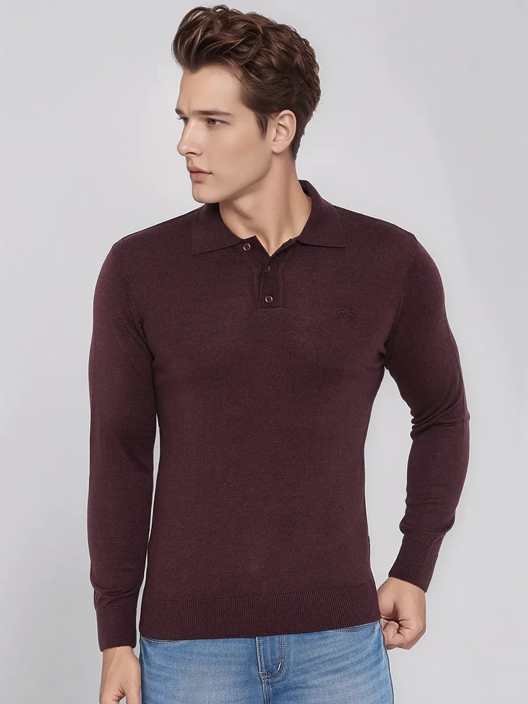 Man in a 98degreenorth Wine Merino Wool Polo Neck Sweater, a refined pullover for luxury winter style.