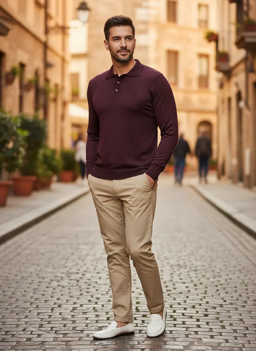 A man wears the 98degreenorth Men’s Wine Merino Wool Polo Neck Sweater with beige pants and white loafers.