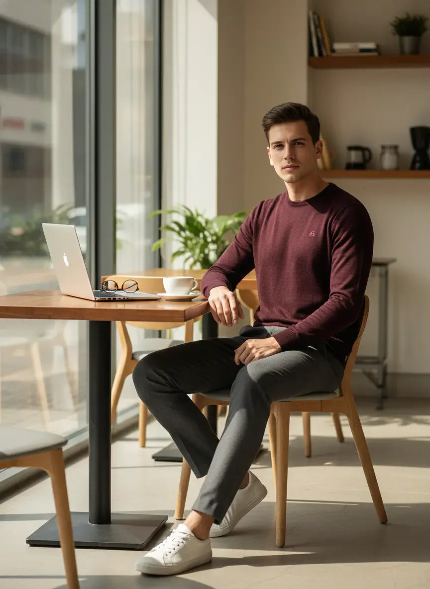 Man in a 98degreenorth Men’s Wine Merino Wool Sweater sits at a cafe table with laptop, coffee, and glasses.