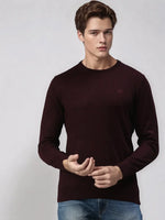 Young man in a 98degreenorth Men’s Wine Merino Wool Round Neck Sweater, looking serious against a plain background.