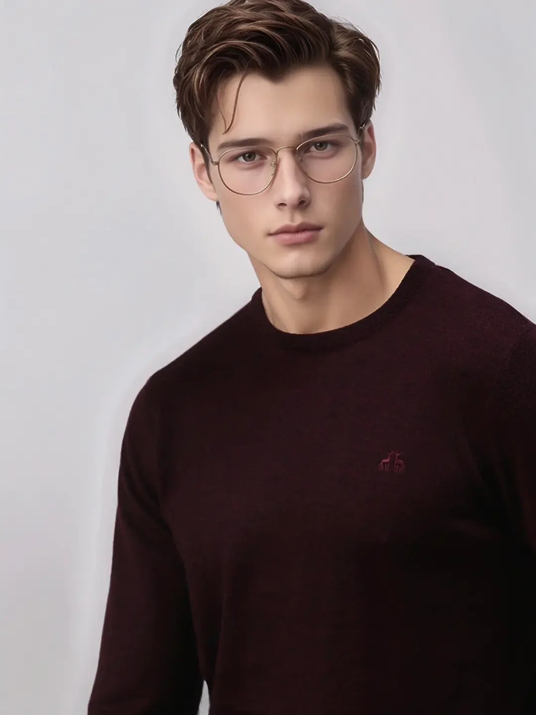 A young man in a 98degreenorth Men’s Wine Merino Wool Round Neck Sweater looks at the camera against a plain background.