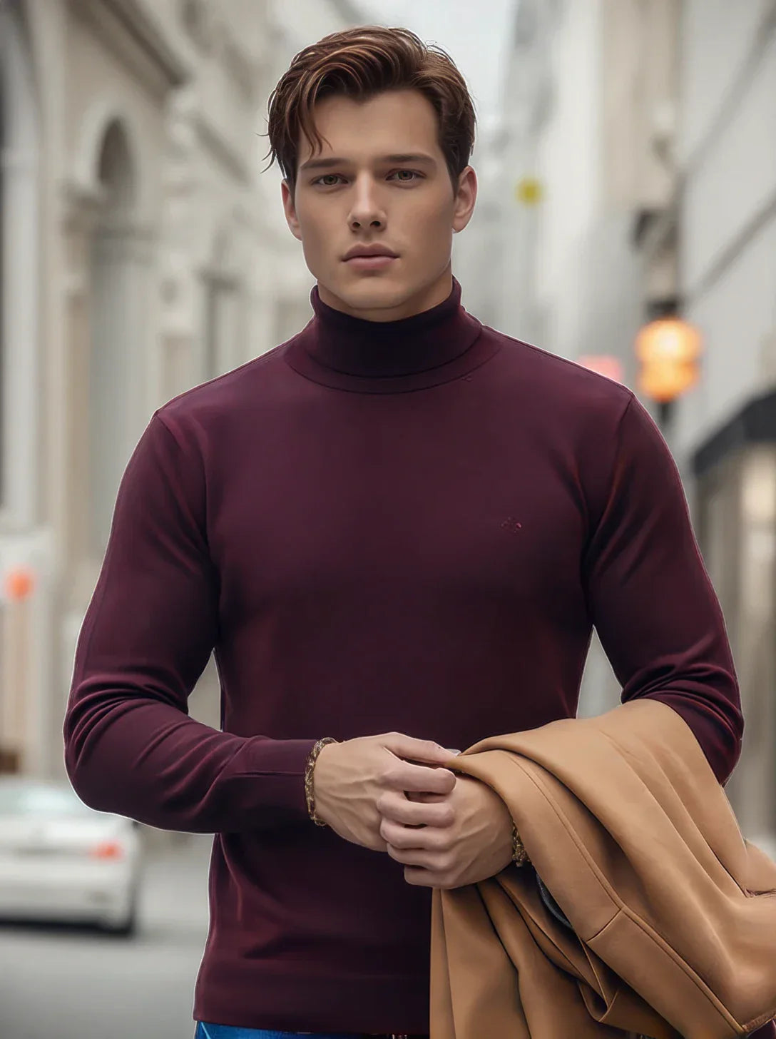A man in a 98degreenorth Men’s Wine Merino Wool Turtle Neck Sweater holds a tan coat on a city street.