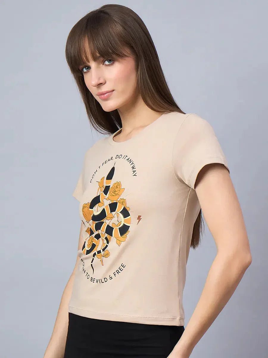 Woman with straight brown hair wears a 98degreenorth cotton tee with minimal typography print, against a gray background.