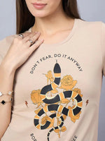 Woman in 98degreenorths minimal typography print cotton tee—versatile daily wear with a stylish graphic.