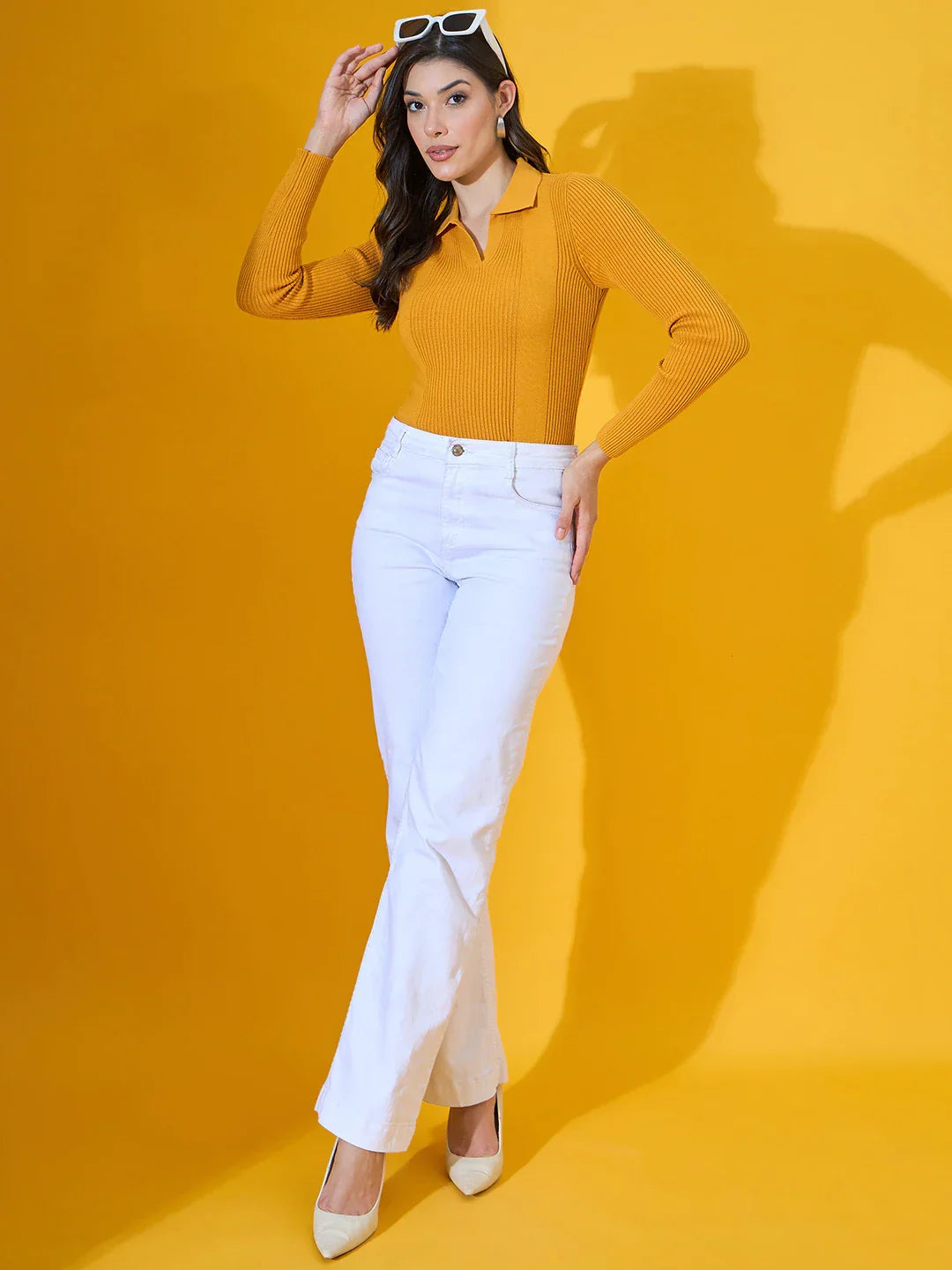 Mustard Yellow Ribbed Collared Sweater – Trendy Women’s Knitwear Winter Top India