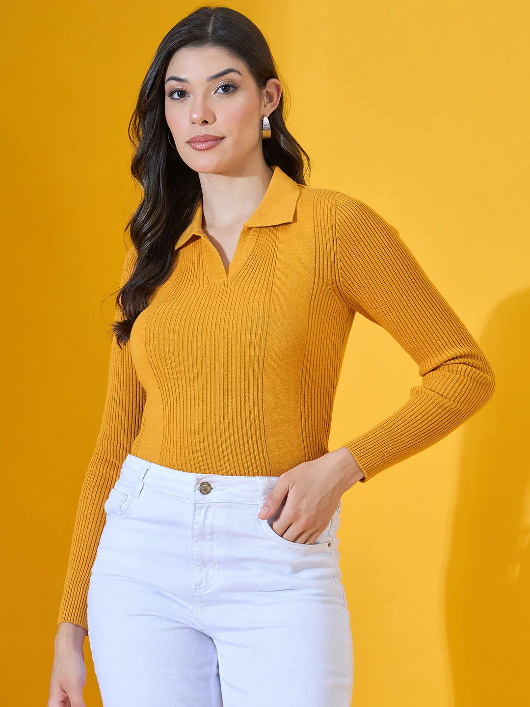 Mustard Yellow Ribbed Collared Sweater – Trendy Women’s Knitwear Winter Top India