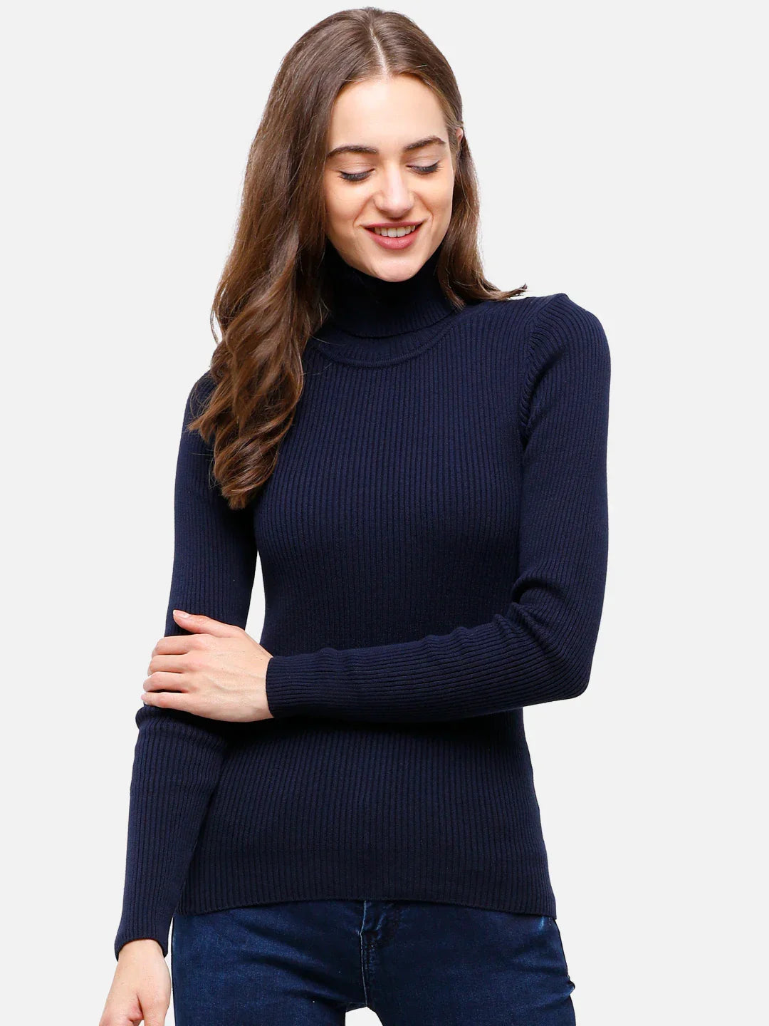 Navy Ribbed Stretch Turtleneck Sweater for Women – Stylish Knit Pullover for Indian Winter Wardrobe