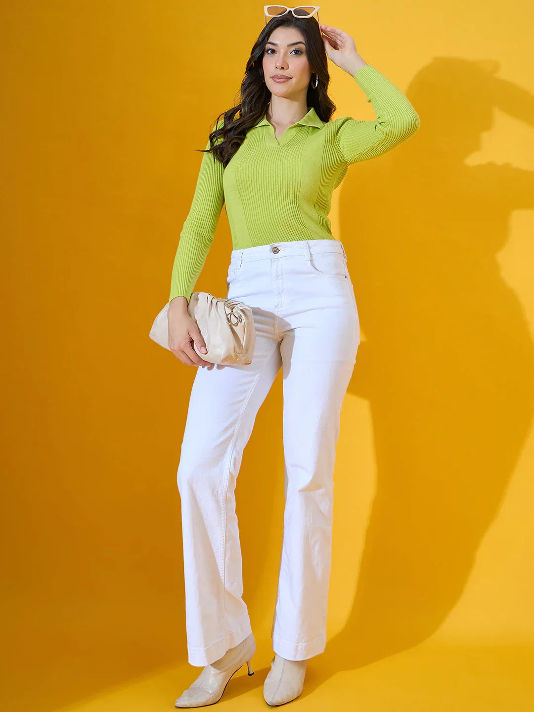 Neon Green Women’s Ribbed Knit Collared Sweater – Bold Winter Statement Top India