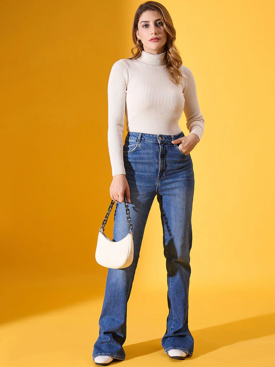 Off White Ribbed Stretch Turtleneck Sweater – Women’s Slim Fit Knit Top for Travel & Everyday Winter Wear