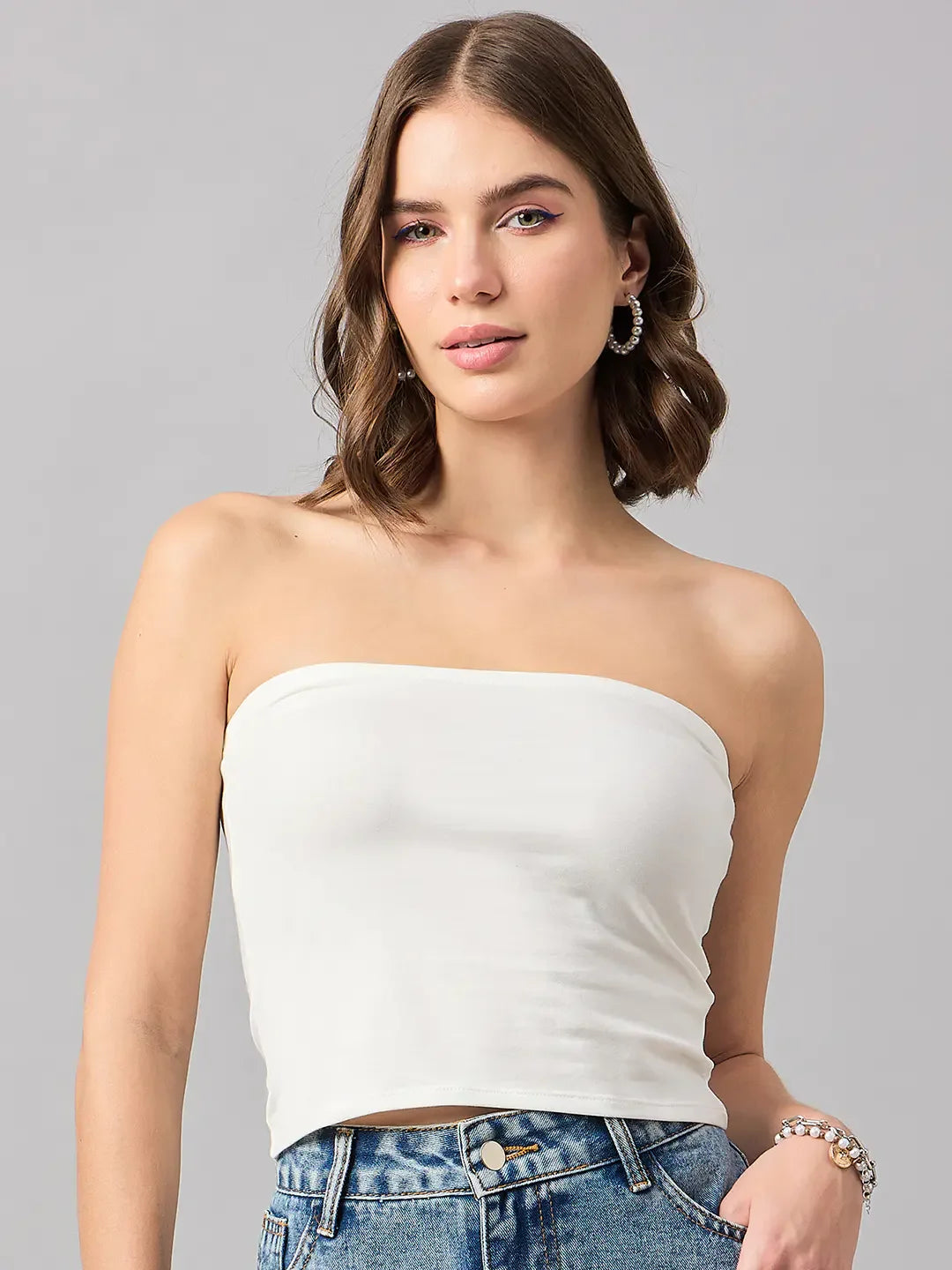 Off White Women’s Tube Crop Top – Classic Strapless Wardrobe Essential for Layering | 98 Degree North