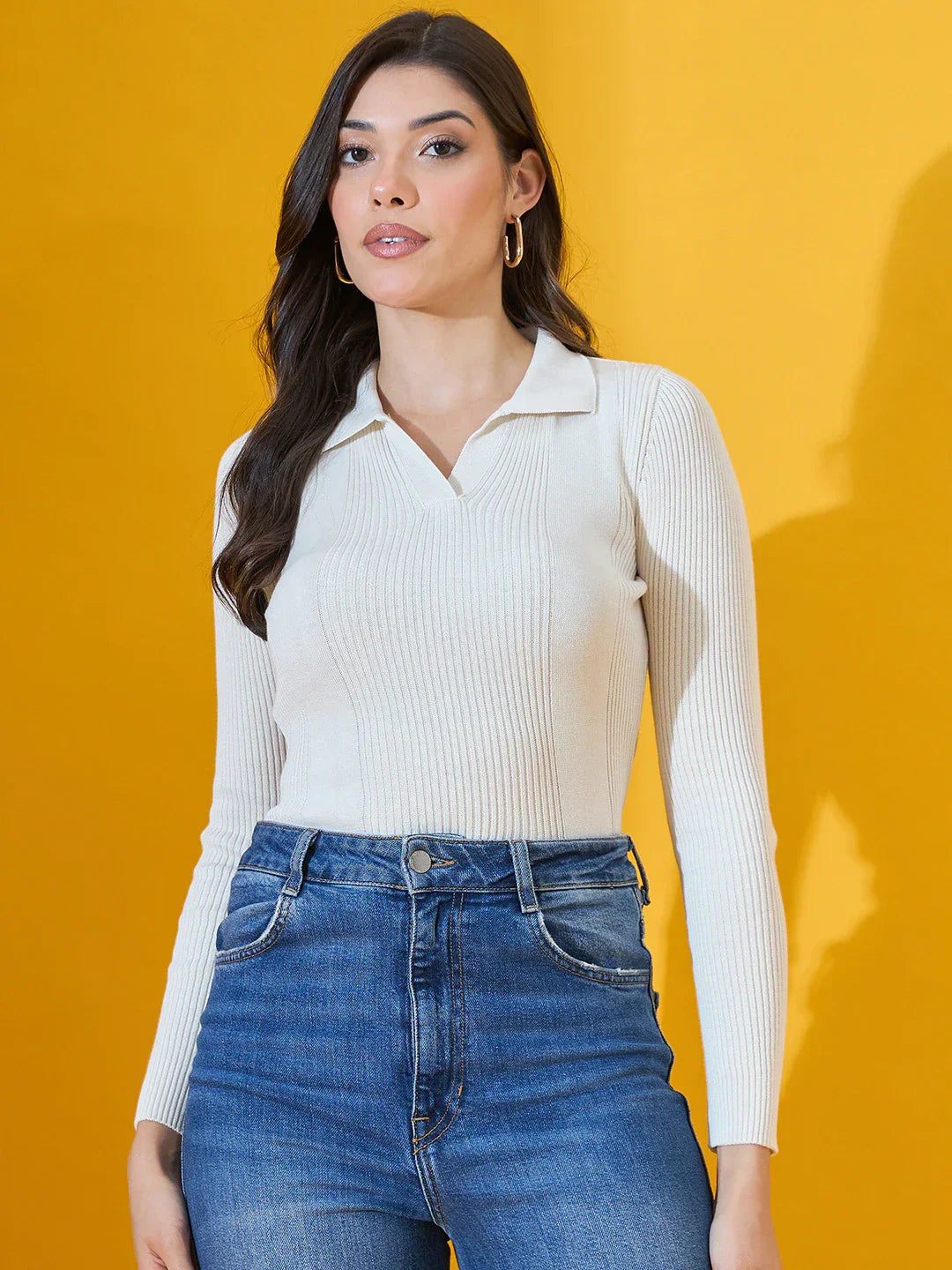 Offwhite Ribbed Collared Sweater – Women’s Chic Winter Knit Pullover India