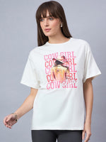 A woman wears the 98degreenorth Offwhite Typography Graphic Cotton Tee—streetwear drop shoulder style.