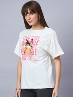 Woman in a 98degreenorth Offwhite Typography Graphic Cotton Tee, streetwear drop shoulder style, on gray background.