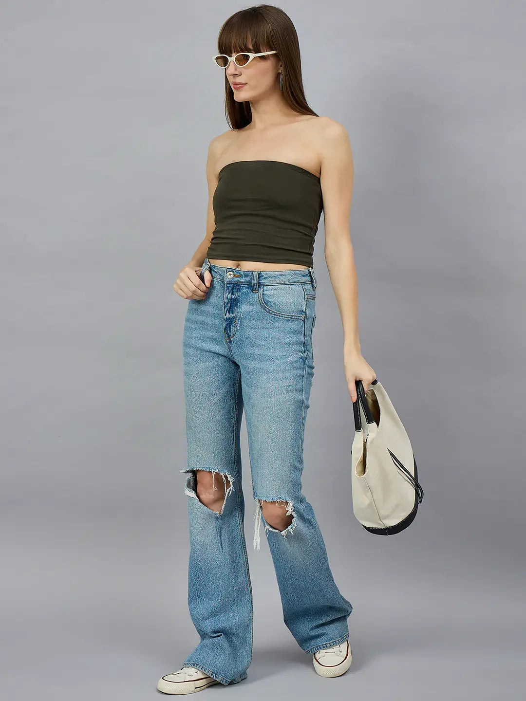Olive Green Tube Crop Top – Military Inspired Strapless Streetwear Casual for Women | 98 Degree North India