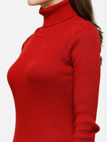 Woman wears 98degreenorth Red Ribbed Stretchable Turtleneck Sweater, slim fit knitwear for festive & winter styling.