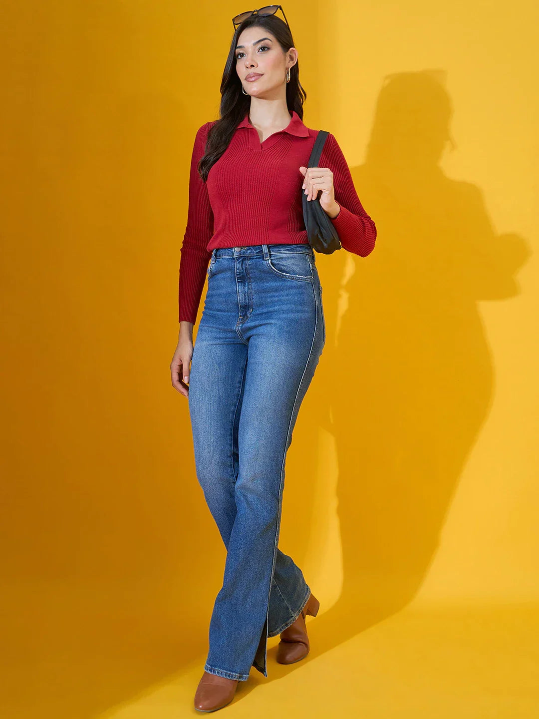 Red Women’s Ribbed Collared Sweater – Classic Winter Knit Pullover Online India
