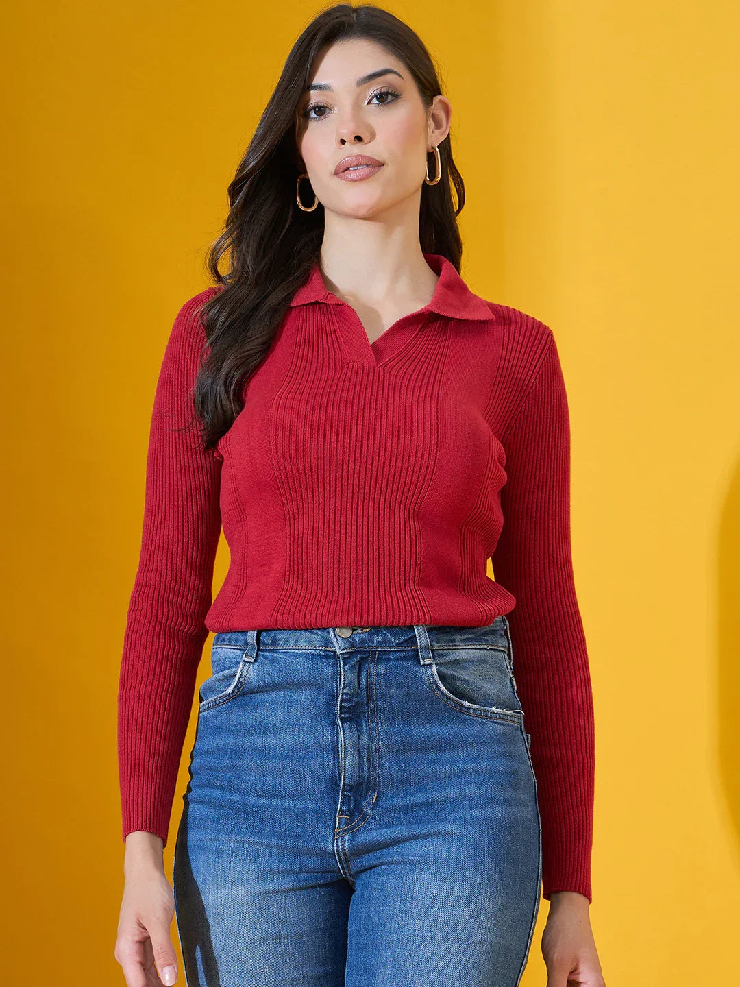 Red Women’s Ribbed Collared Sweater – Classic Winter Knit Pullover Online India