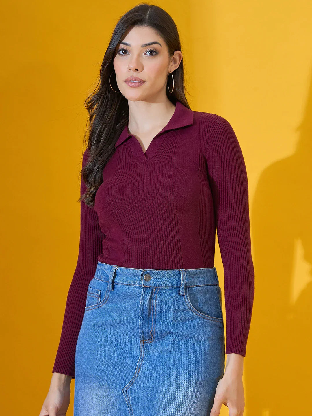 Rosewood Ribbed Collared Sweater – Elegant Women’s Knit Winter Fashion Top India