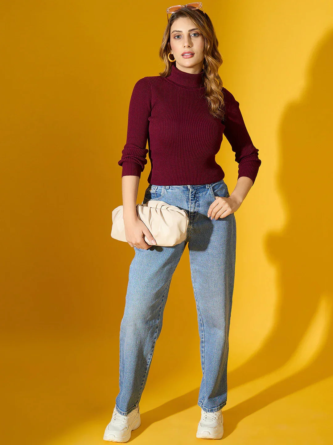 Rosewood Women’s Ribbed Turtle Neck Sweater – Slim Fit Stretch Knit Pullover for Elegant Indian Winters