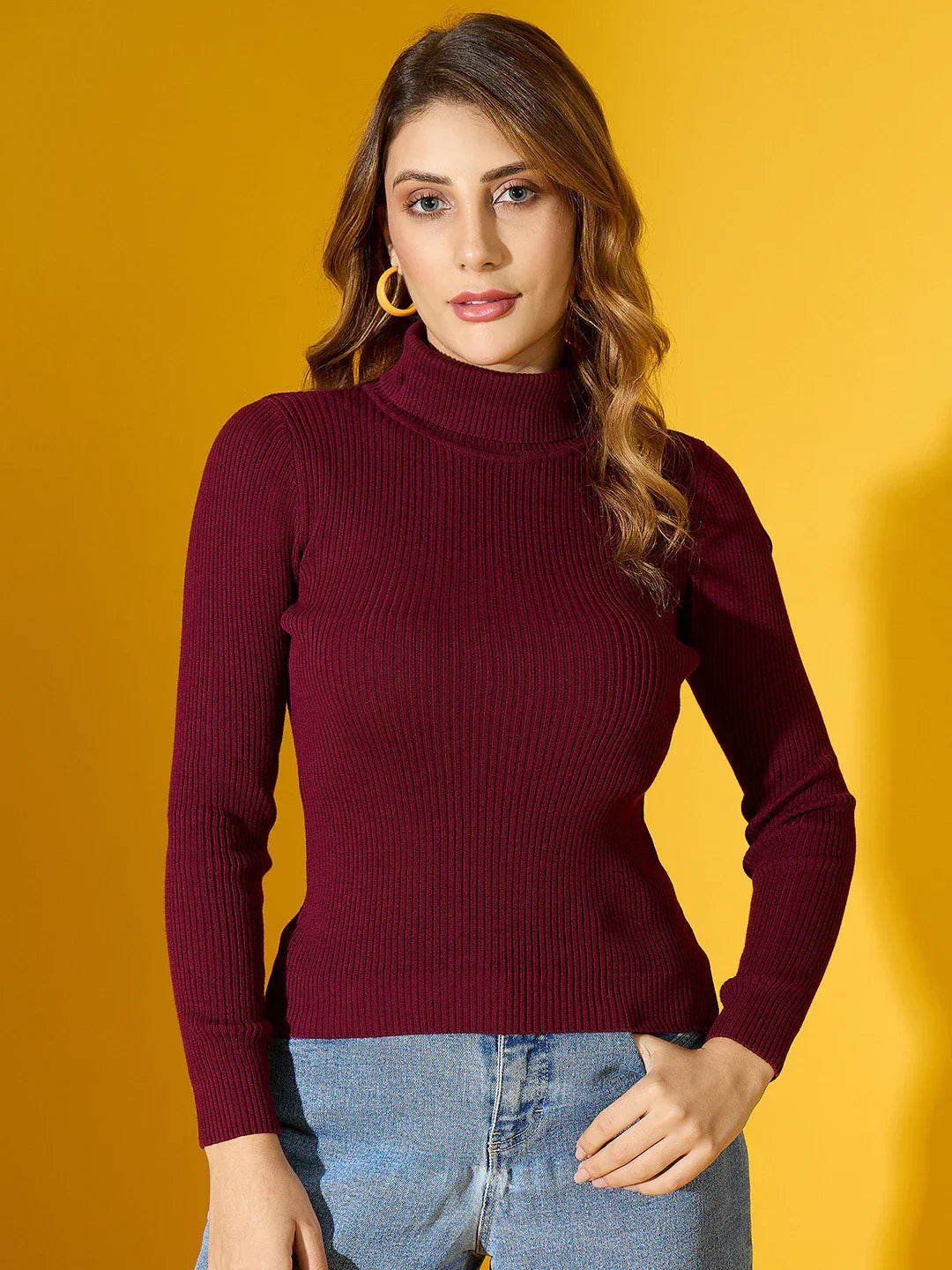 Rosewood Women’s Ribbed Turtle Neck Sweater – Slim Fit Stretch Knit Pullover for Elegant Indian Winters