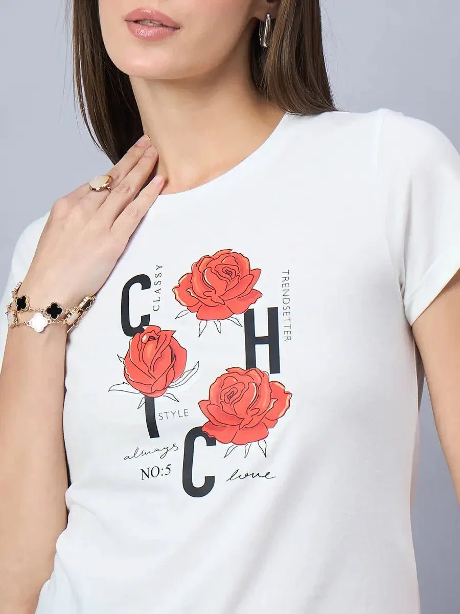 Woman in a 98degreenorth round-neck cotton tee with bold typography print—perfect for versatile daily wear.