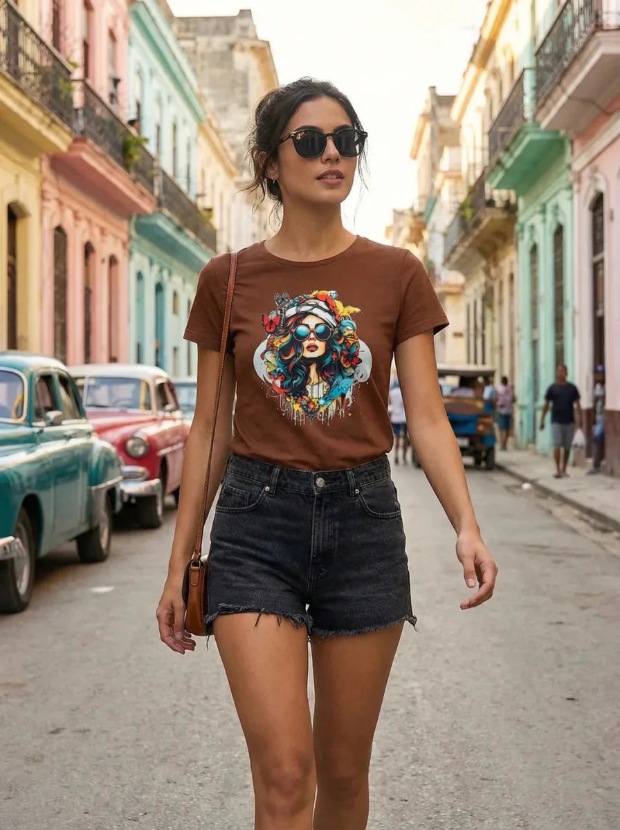 Woman in sunglasses wears the 98degreenorth round-neck typography tee, nailing minimal, trendy street style.