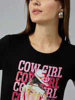 Woman wearing 98degreenorths black round-neck typography t-shirt, a breathable cotton streetwear essential.