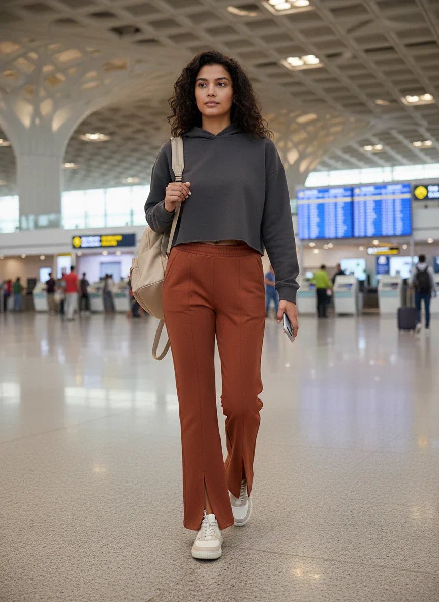 Woman in 98degreenorth Rust Melange Fleece Bootcut Sweatpants walks through airport, phone in hand, backpack on shoulder.
