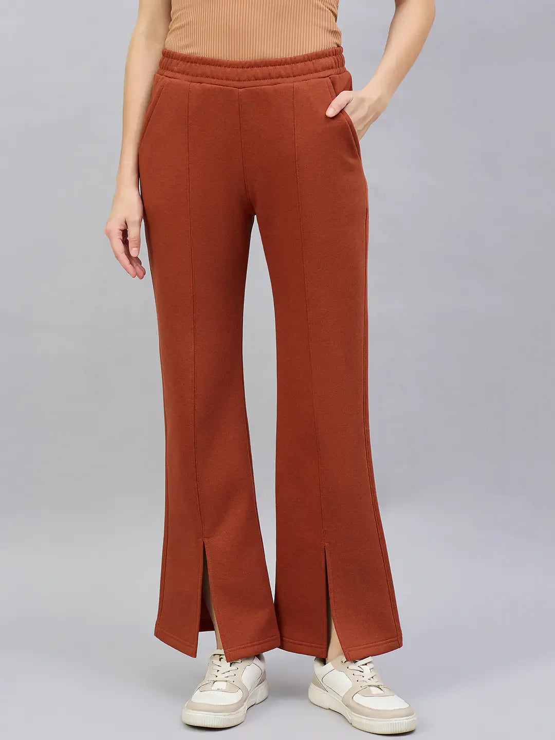 Rust Melange Women’s Fleece Bootcut Sweatpants – Flared Leg Cozy Winter Pants India