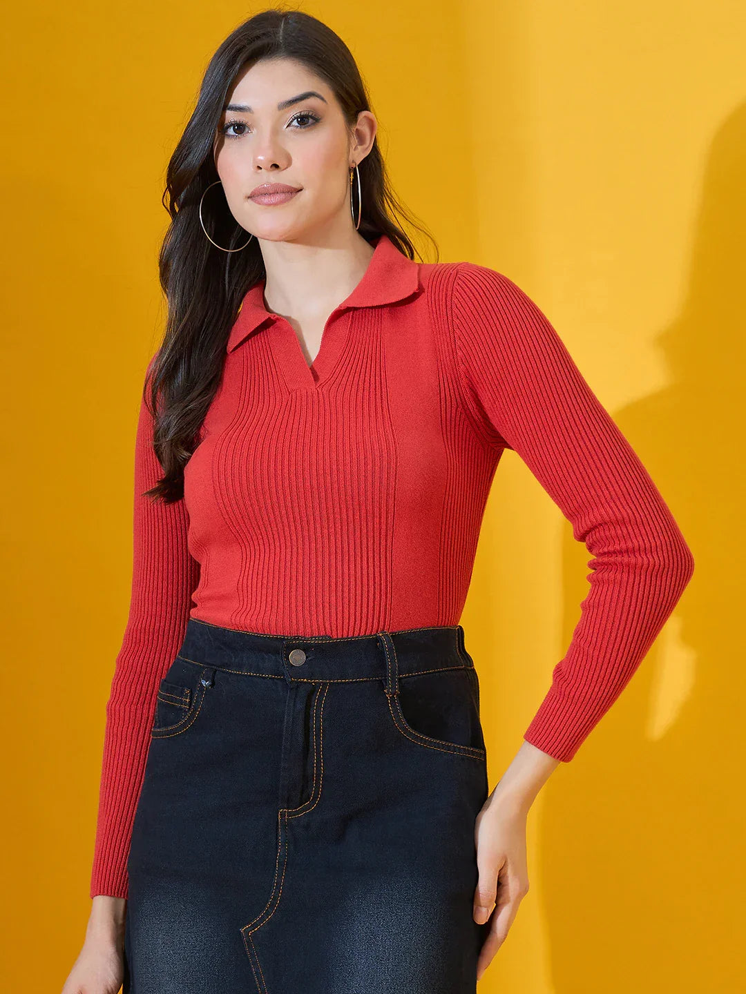 Scarlet Red Women’s Ribbed Collared Sweater – Bright Knit Pullover India Online