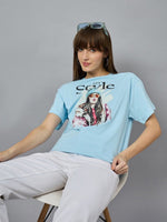 Model wears 98degreenorth Soft Cotton Typography Printed Tee, drop shoulder sleeves, urban style, with white pants.