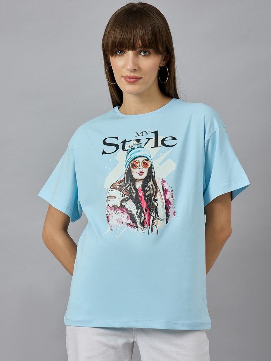 Woman in a 98degreenorth soft cotton urban tee with My Style and graphic girl print, drop shoulder sleeves.
