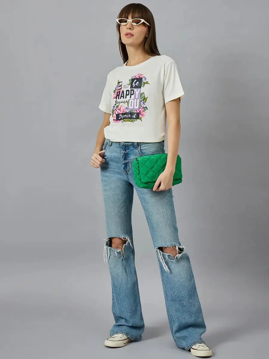 Streetwear Women’s Typography Print Cotton T-shirt – Round Neck