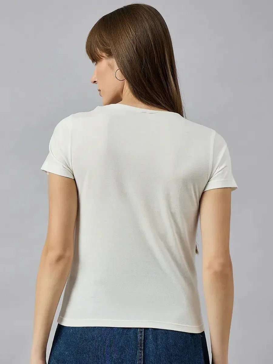 Woman with long brown hair wears 98degreenorths stylish typography cotton tee and blue jeans, shown from the back.