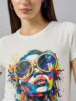 Woman in 98degreenorths stylish typography cotton tee, perfect for casual streetwear fashion.