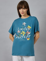 98degreenorth Stylish Typography Printed T-shirt for Women with round neck and drop shoulder, chic and confident look.