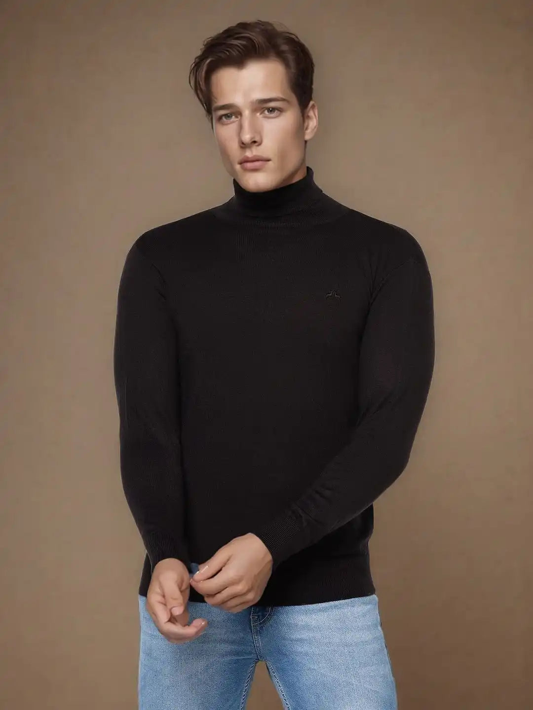 Young man in a black turtleneck sweater and blue jeans stands against a plain brown background, looking slightly serious.