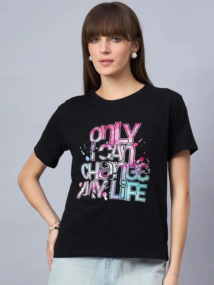 Trendy Streetwear Typography Printed Cotton Tee for Girls – Casual Wear